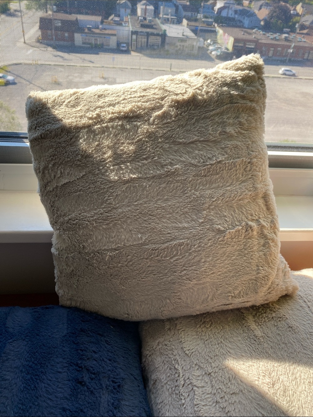 Plush Faux Fur Decorative Pillow - blue and grey